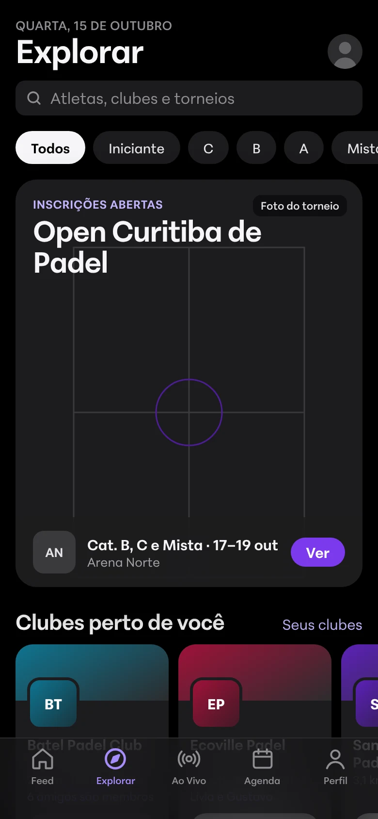 Tela Explorar do app com o Open Curitiba de Padel em destaque