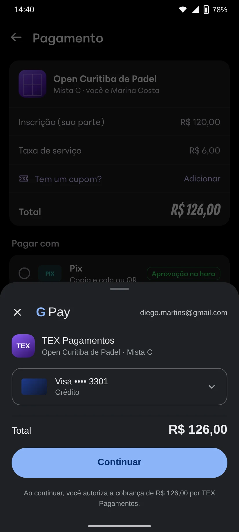 Inscrição de R$ 126,00 paga com Google Pay no Android, no cartão Visa final 3301