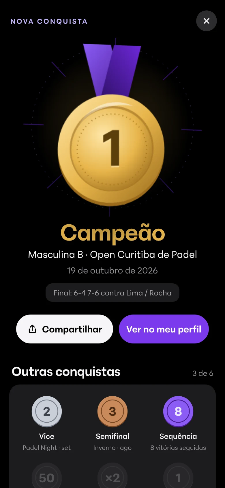Tela de conquista com a medalha de campeão da Masculina B