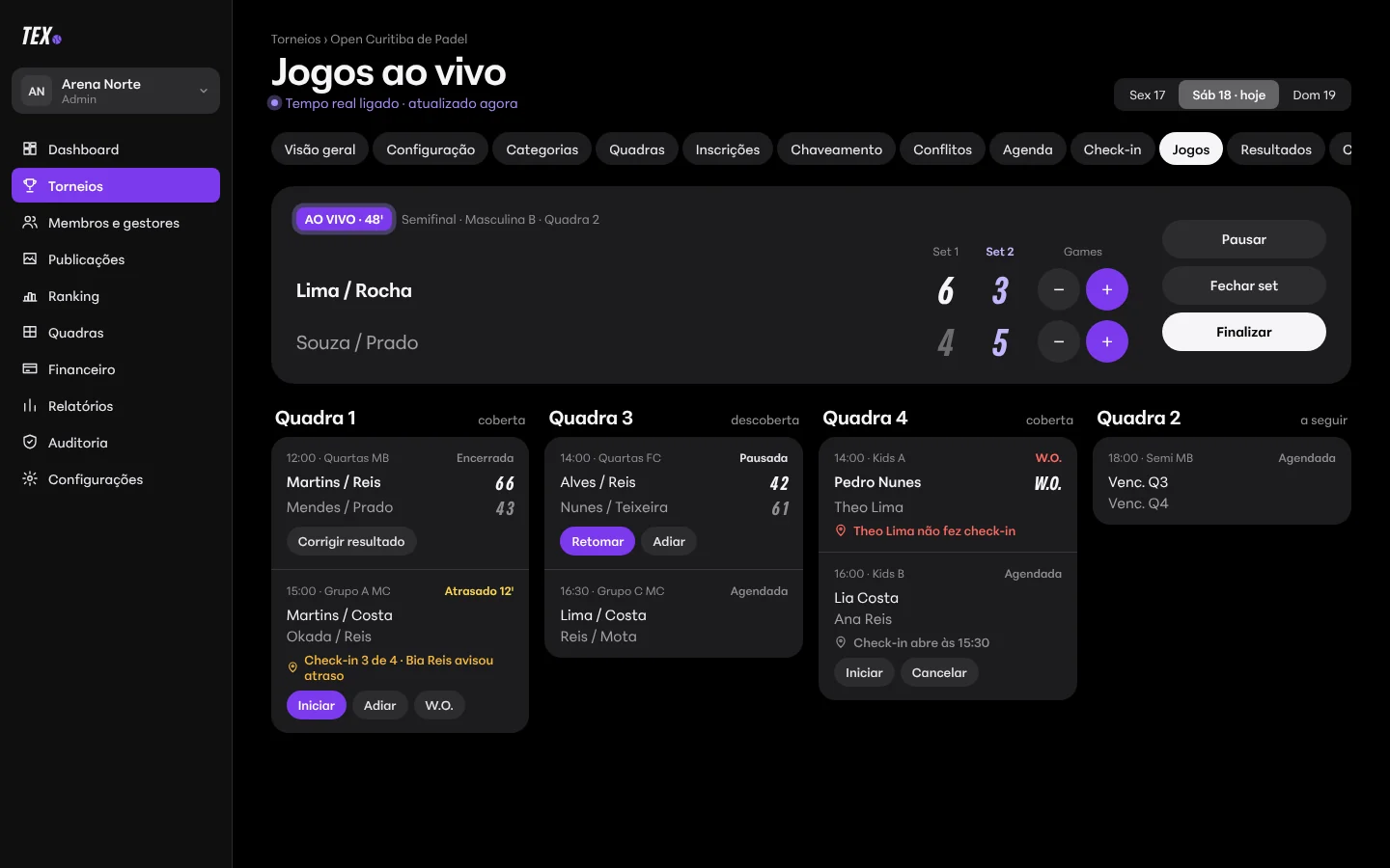 Semifinal ao vivo com placar por set e os jogos de cada quadra